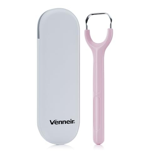 VenneirÂ® Tongue Scraper with Travel Case, Oral Glide Proâ€“Bad Breath Treatment, Medical-Grade Stainless Steelâ€“ for Adults & Kids. 100% Rustproof, Sleek & Effective Design (Pink Frost)